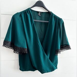 Sheer cropped Wrap Blouse - Emerald Green - Short Sleeve- Size Medium